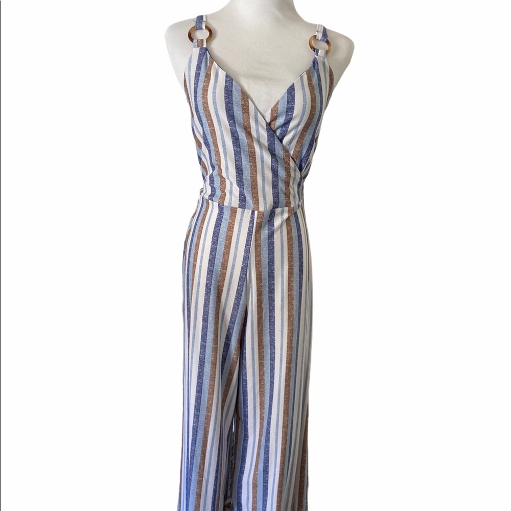 Striped brown and blue wide leg jumpsuit, M